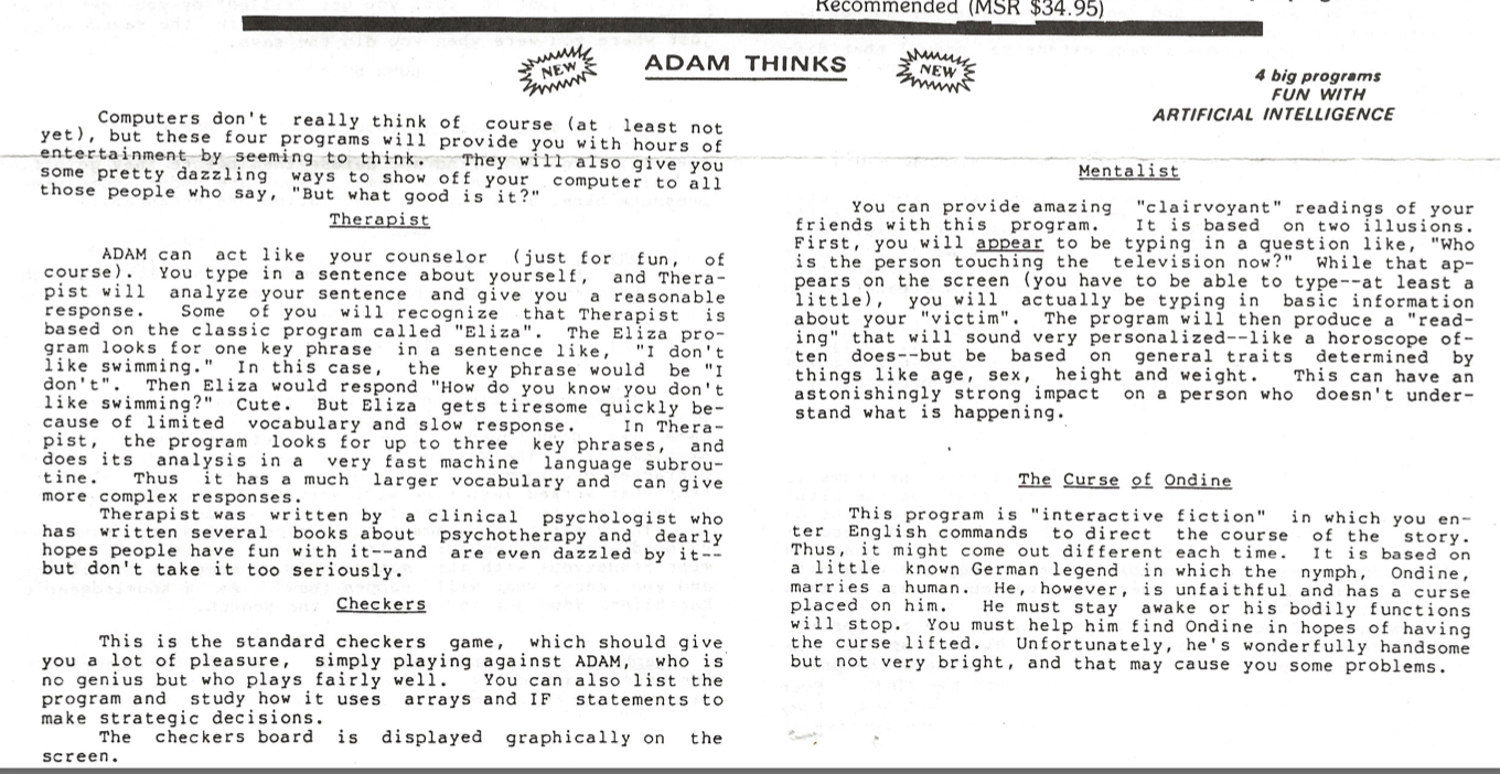 Description of "ADAM Thinks" software